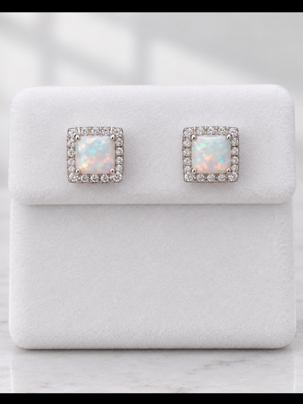 Opal Halo Square Stud Earrings in sterling silver